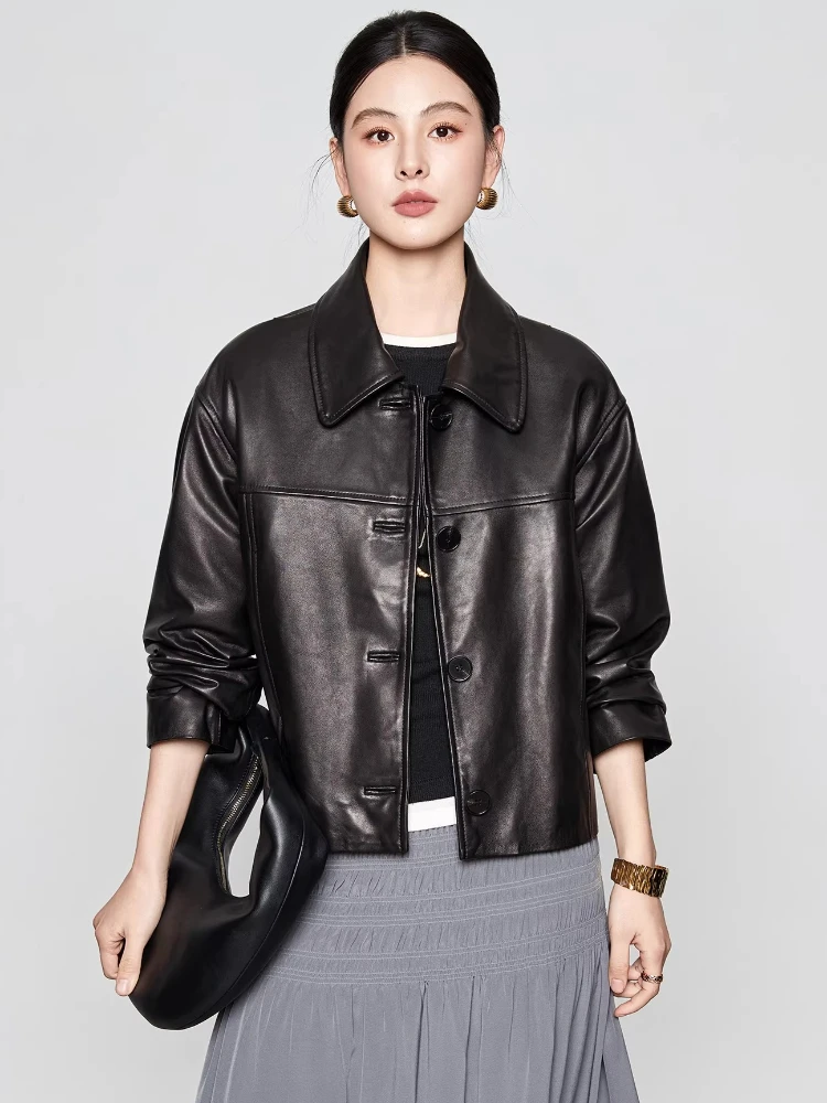 

Casual Short Genuine Leather Jackets for Women Spring Autumn 2026 New High-end Simple Vintage Soft Black Real Sheepskin Coat