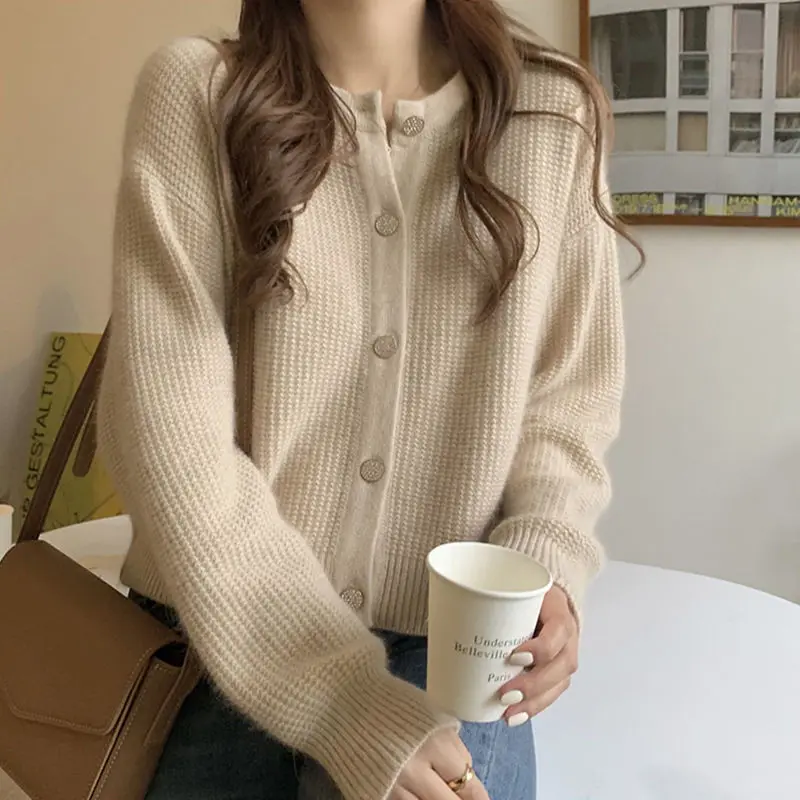 Hong Kong Style Loose Cardigan Women's Clothing Vintage Knitted Autumn Winter Solid Color Round Neck Casual Long Sleeve Sweaters