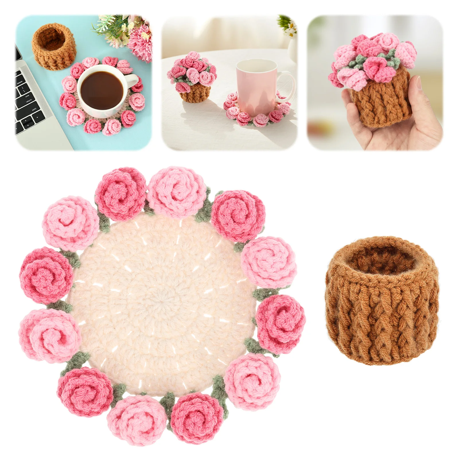 Rose Bouquet Crochet Coasters DIY Handmade Rose Bouquet Blanket Cup Pad with Crochet Plant Pot Mother's Day Gift Home Decoration