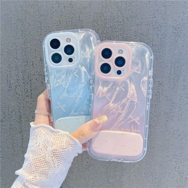 Fashion Dream Bowknt Case Compatible for IPhone 13 16 11 14 15 12 Pro Max 16 14 15 13 Pro 16Plus Mirror Stand Feather Yarn Cover