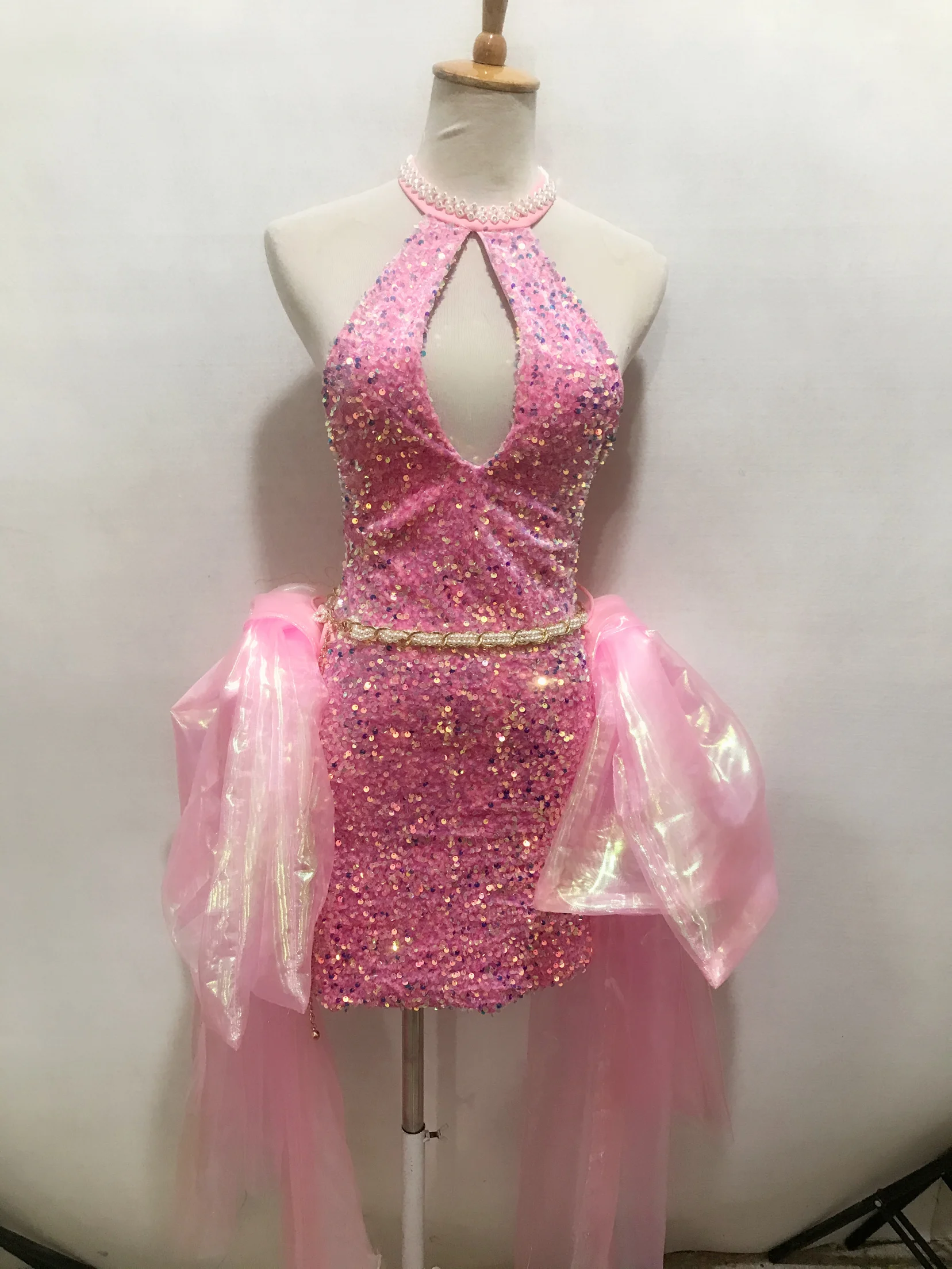 

Pink Sequins Dress Nightclub Jazz Gogo Dance Clothes Festival Rave Outfit Drag Queen Costume Birthday Party Clothing