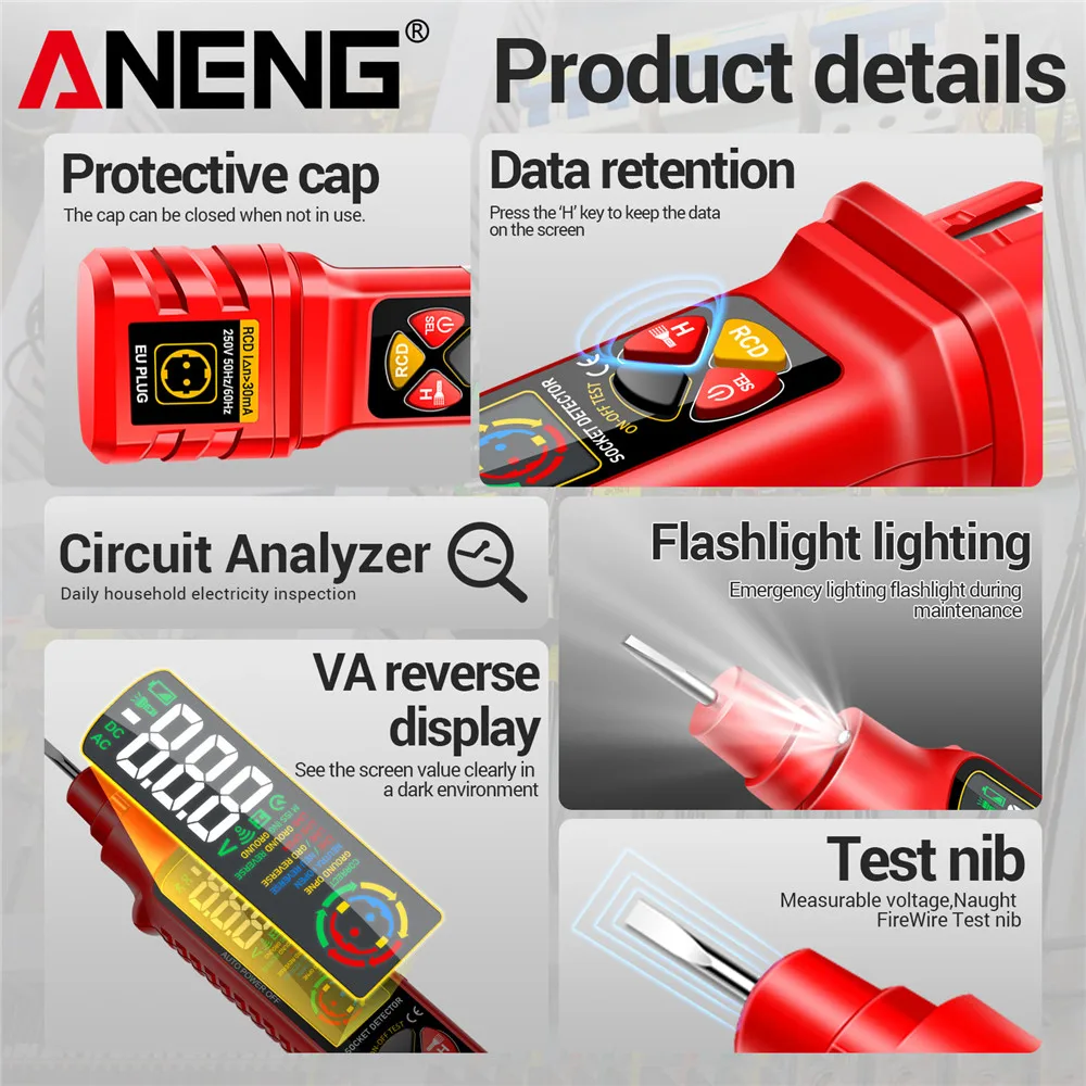 Socket Power Tester ANENG VD808 Line Detection AC/DC Voltage Measuremen Polarity Leakage NCV Voltage Sensing Electricians Tools