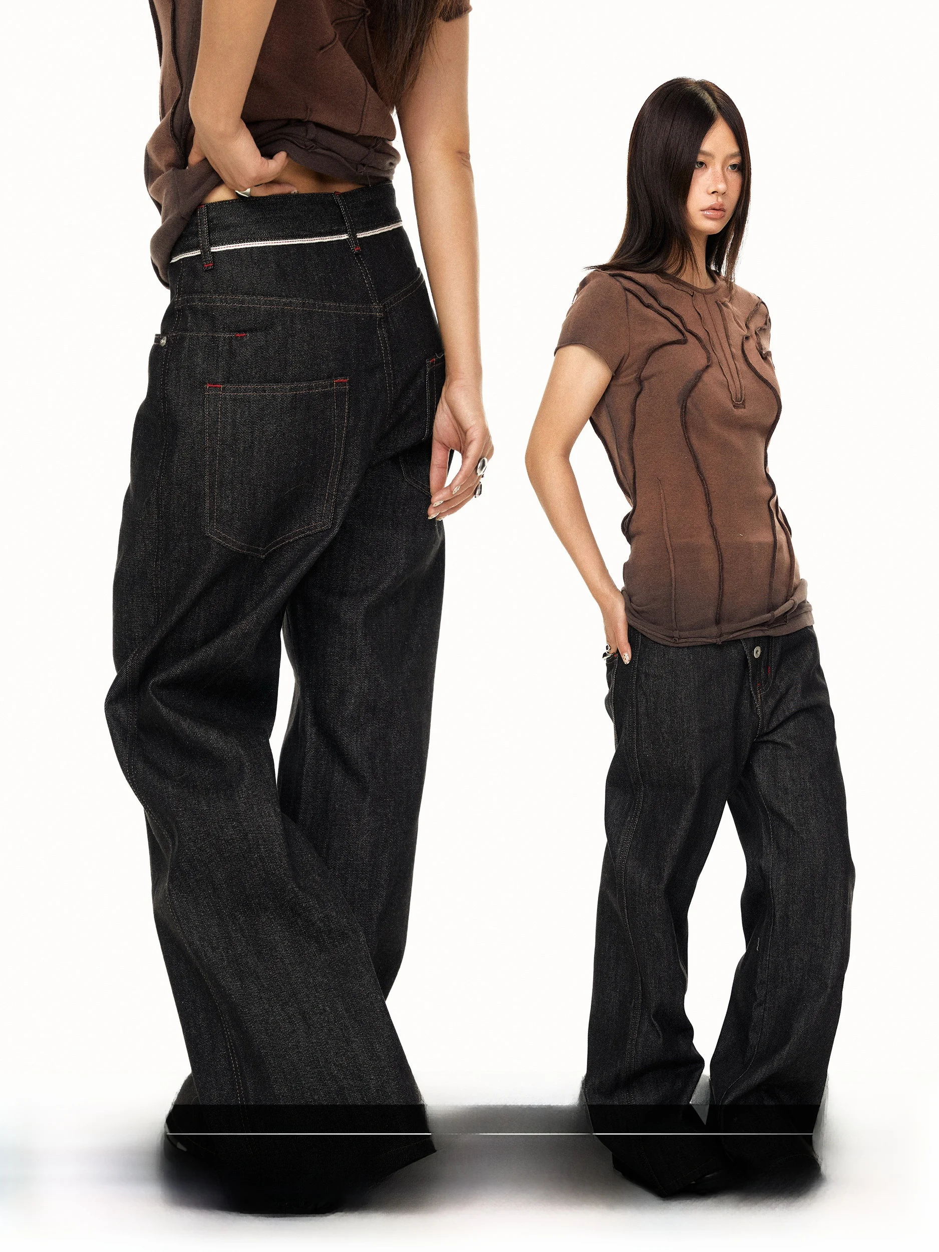 

Retro Blackbb Zipper Fly Casual Red Line Straight Leg Jeans Loose Wide Leg High Waist A-Line Denim Trendy Women's Jeans