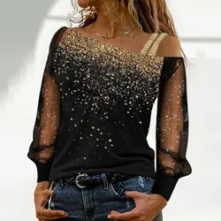 Sexy Woman Long Sleeve Sequin Blouse Top Summer Party Cold Shoulder Bling Mesh Sheer Blouse Lady Casual Shirts Clothes