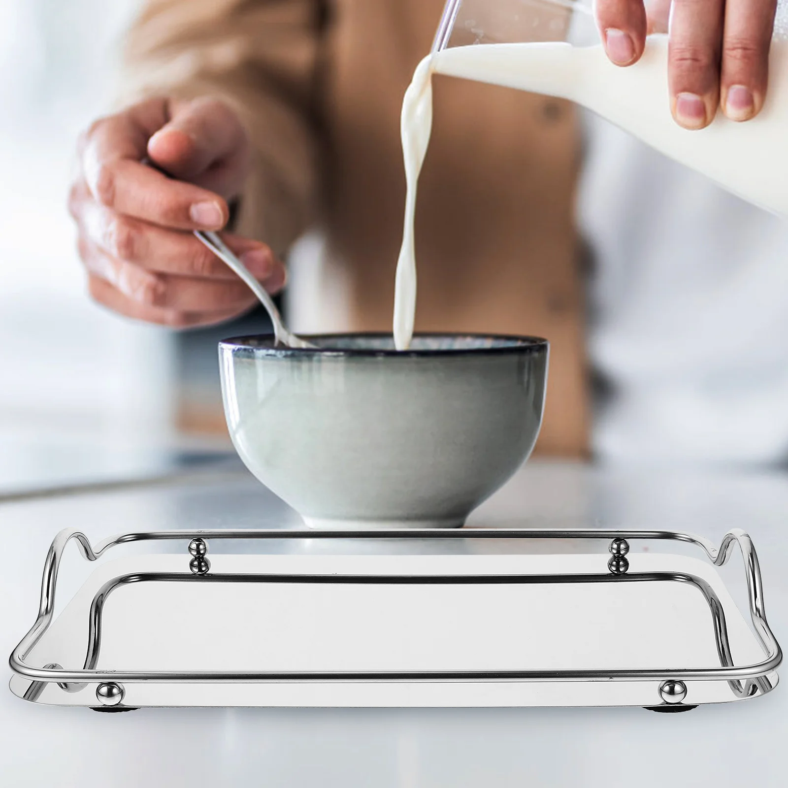 

DECORNIJIA Stainless Steel Rectangular Tray Portable Coffee Serving Platter Elegant Food Presentation Silver Large