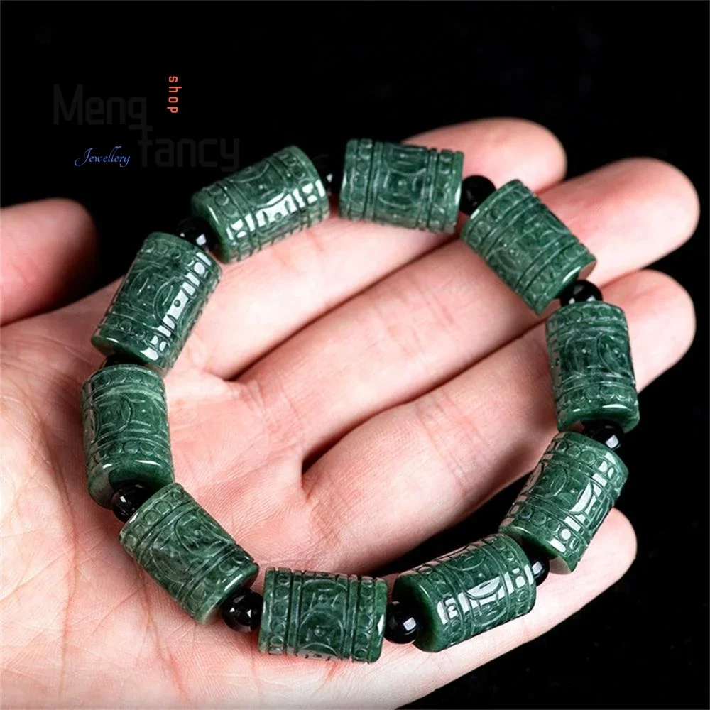 Natural Myanmar A-grade Jadeite Oil Green Engraved Flower Barrel Beads Lutong Ice Jade Beads Strings Bracelet Fashion Jewelry