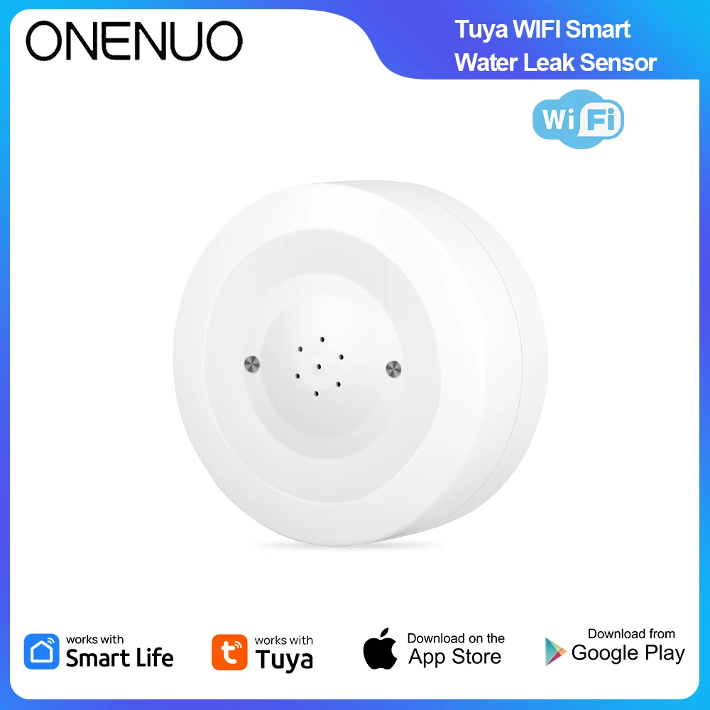 ONENUO WiFi Tuya Water Leak Sensor Flood Leakage Detector IP55 Waterproof with Sound Alarm 80dB Remote Monitor for Home Security