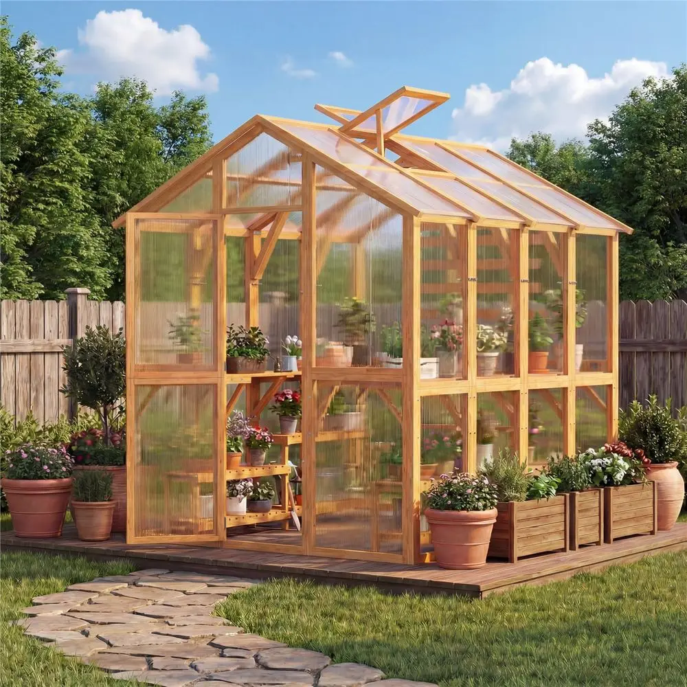 

6x7 FT Wood Greenhouse for Outdoors, Walkin Green House Kit with Adjustable Roof Vent amp Builtin Stand, Reinforced Wooden Fram
