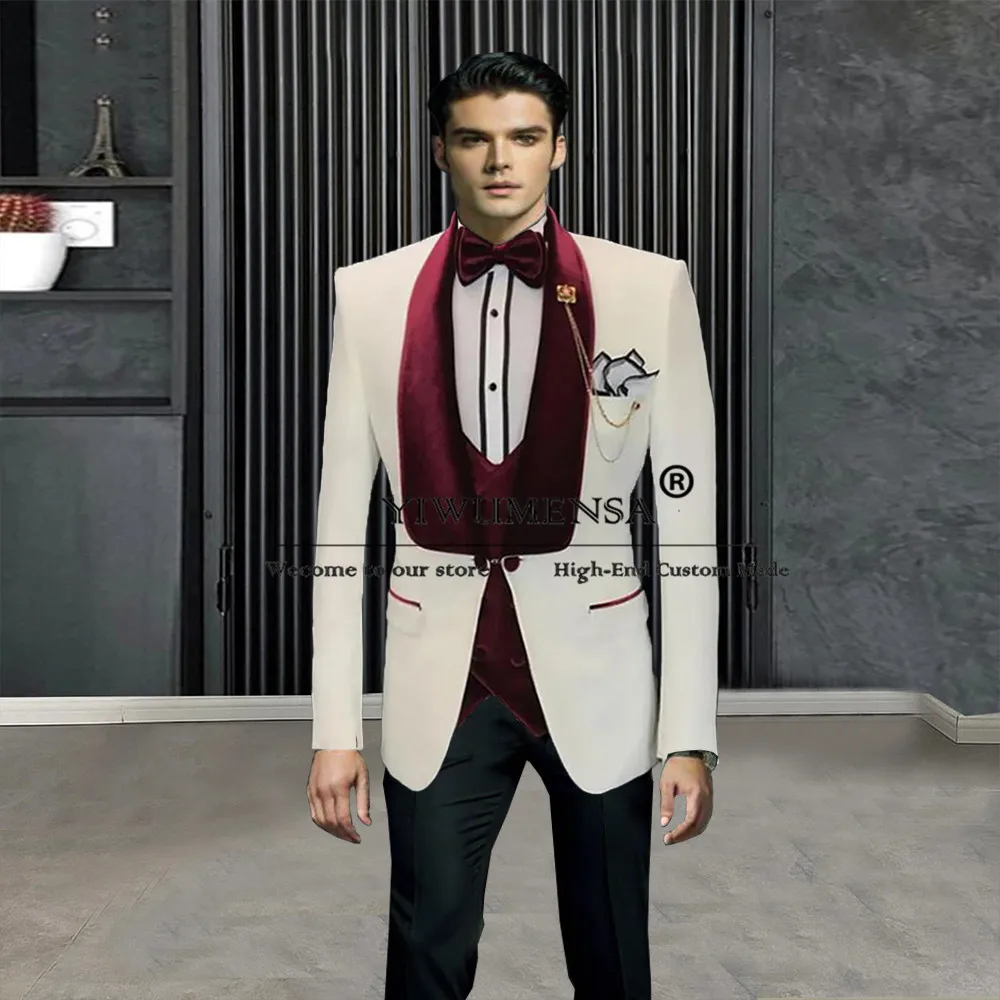 

Elegant Jacquard Suits Man For Wedding Burgundy Velvet Lapel Ivory Floral Prom Blazer Tailored Formal Evening Men's Tuxedos Fit