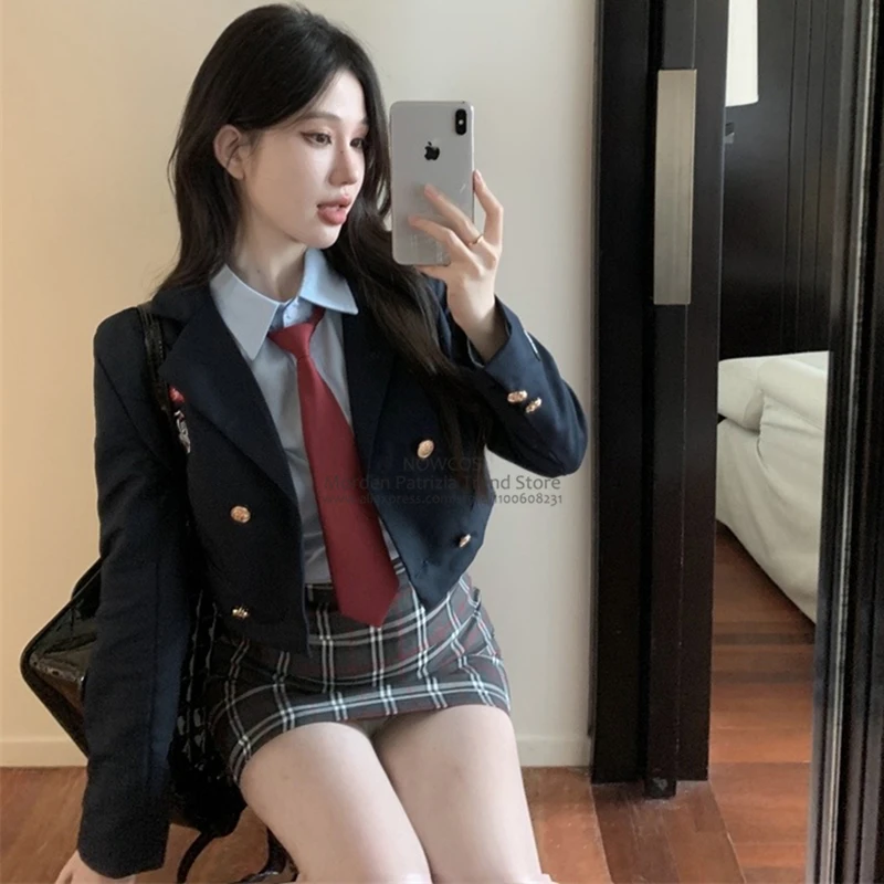 New Preppy American Hot Girl JK Uniform Set Daily Short Navy Suits Set da 4 pezzi Tie Shirt Plaid guaina Dress Women Hip Skirt Set