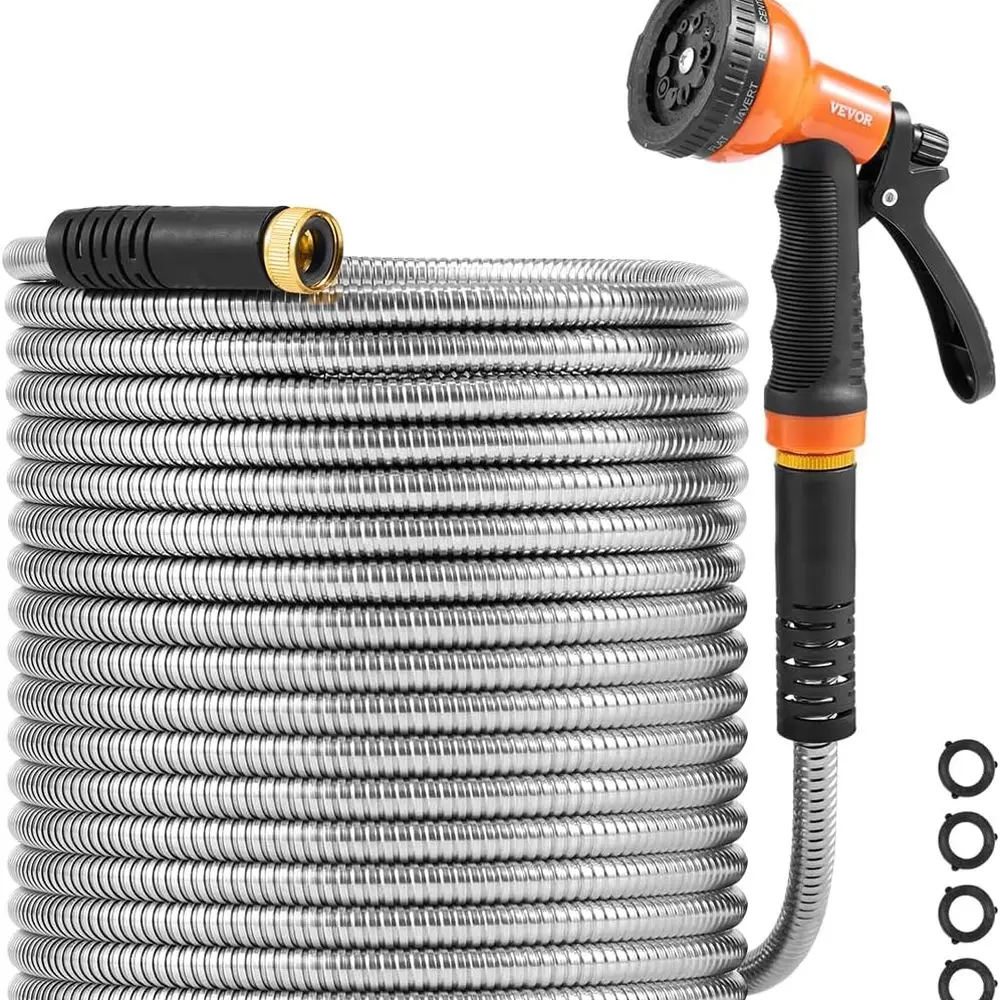 

Metal Garden Hose 200 ft, Heavy Duty Stainless Steel Water Hose with 10-Function Nozzle, No-Kink & Flexible Outdoor Garden Hose,