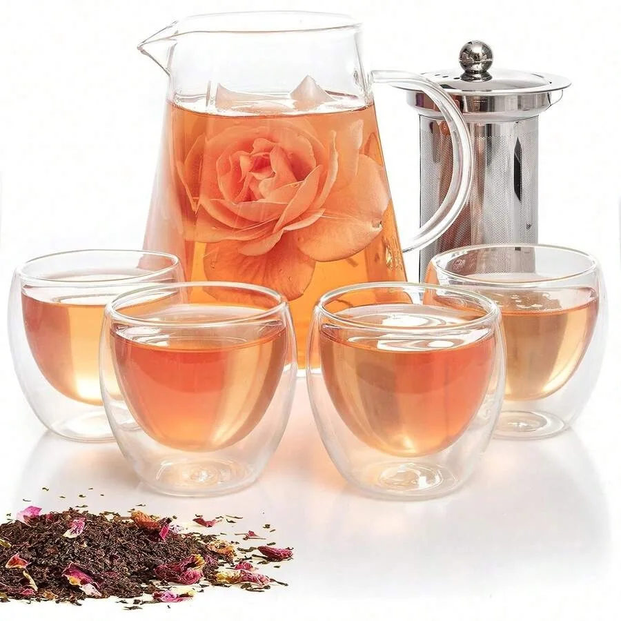 

5 Piece Glass Tea Pot Set, Kettle With Removable Infuser, Clear Glass Teapot 33oz With 4 Double Wall Cups 2.7oz Stovetop Teapot