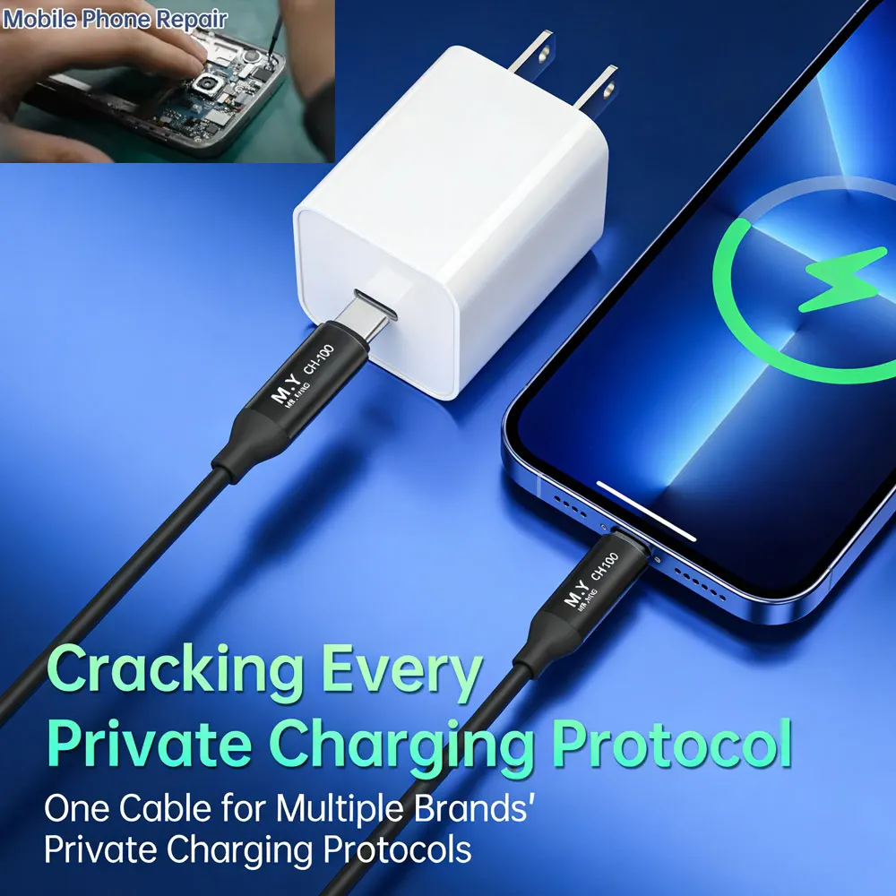 

MR.YANG CH-100 Кабель протокола быстрой зарядки мощностью 100 Вт, преобразование данных для мгновенного включения телефона в ремонте и переработке