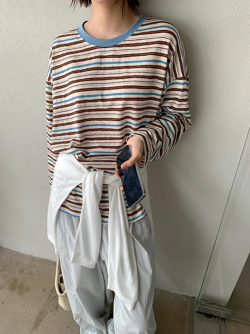Spring and Summer Women's Casual Contrasting Color Round Neck Long Sleeved Striped Sunscreen T-Shirt