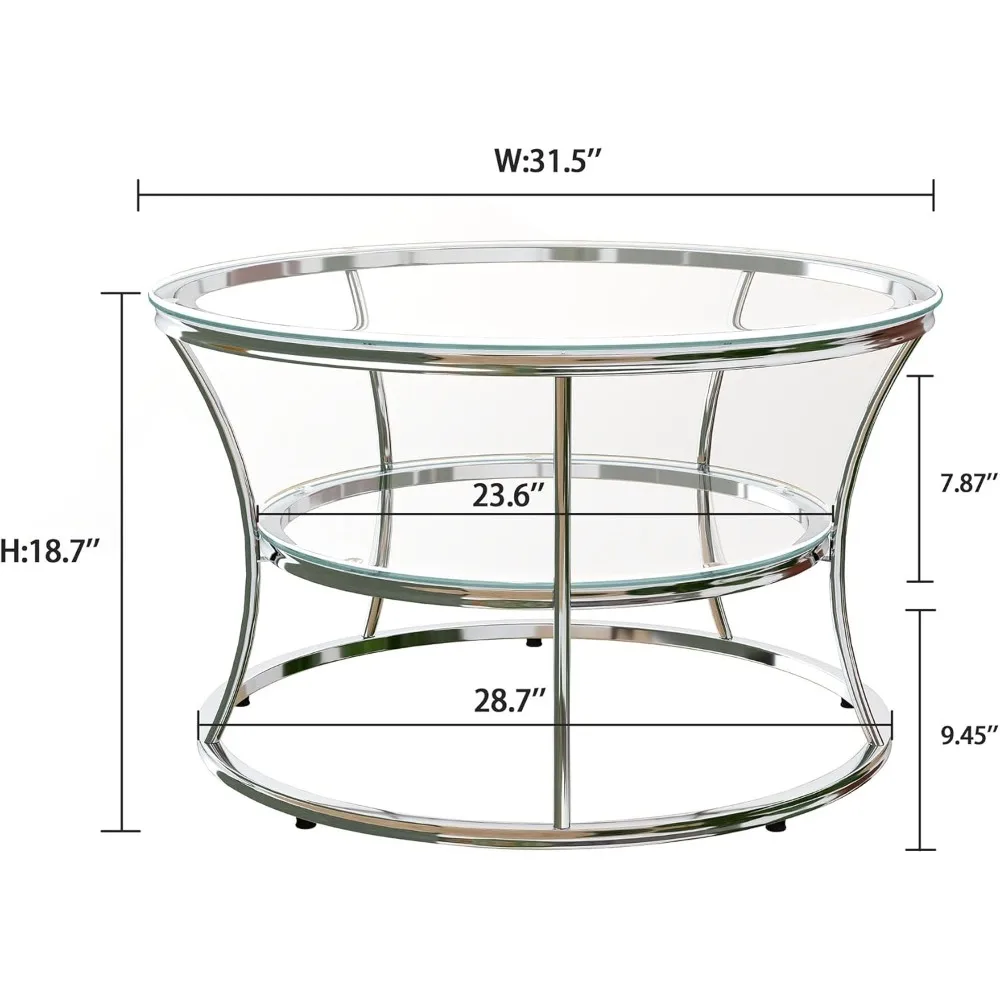 Modern 2-Tier Glass Coffee Table with Shelf, Tempered Glass and Chrome Frame for Living Room, Silver Centerpiece