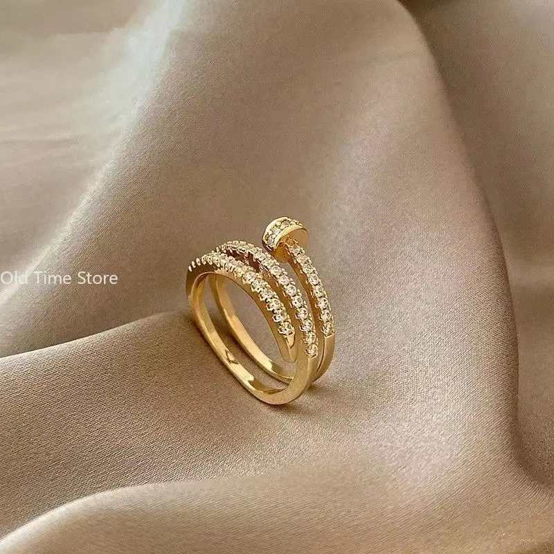 1pcs Gold-color Ring Ladies Fashion Style Multi Layer Copper With Zirconia Cold Wind Hand Jewelry