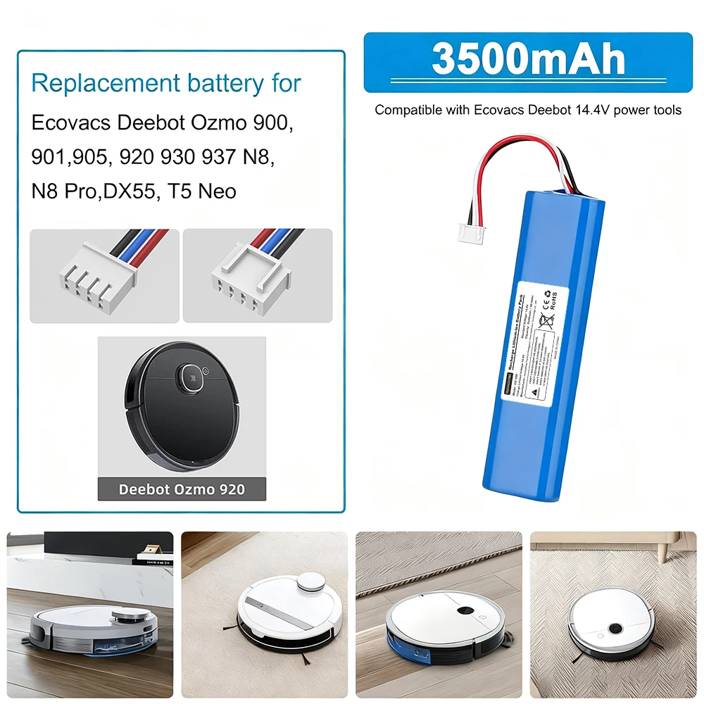 

Robot Vacuum Replacement Battery 14.4V 3500mAh for Ecovacs Deebot N8 N8 Pro N8+ Ozmo Series 900 930 937, Secure BMS Protection