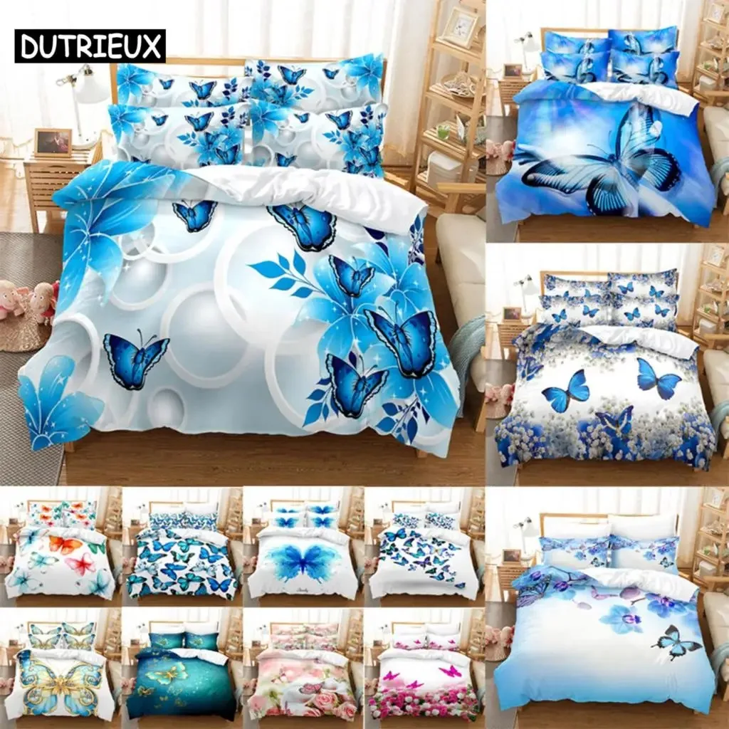 

Blue Butterfly Duvet Cover Set King Size 220x240 Double Bed Single 3D Queen Bedding Sets Pink Full Twin Quilt Linen Pillowcase