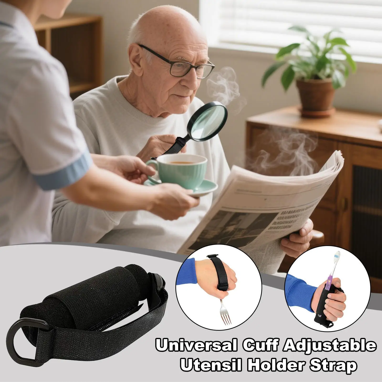 Utensil Holder Hand Strap Adjustable Fork Holder Strap Non-Slip Eating Assistance Cuff For Support Weak Grip Daily Use Writing