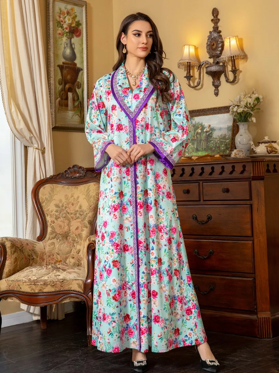 

Eid Arab Muslim Party Dress for Women Abaya Jalabiya Print Diamond Long Dresses Morocco Kaftan Vestidos Dubai Ramadan Gown Robe