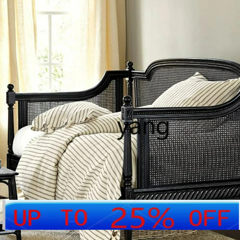 

LMM Wood Carved Small Apartment Living Room Double Three Simple Rattan Black Retro Sofa