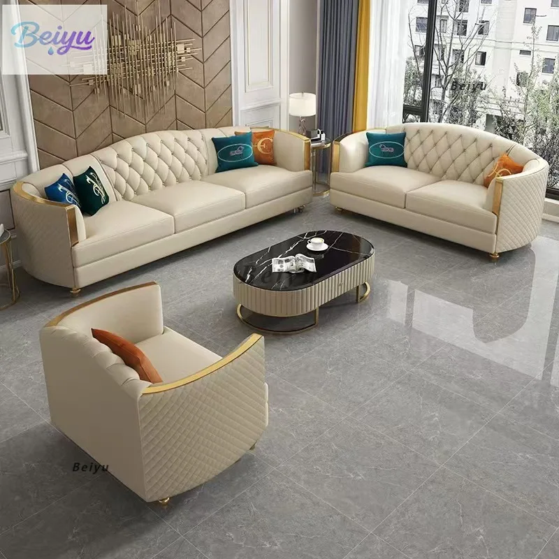 

Modern light luxury living room straight row three or four people leather sofa fashionable combination large and small apartment