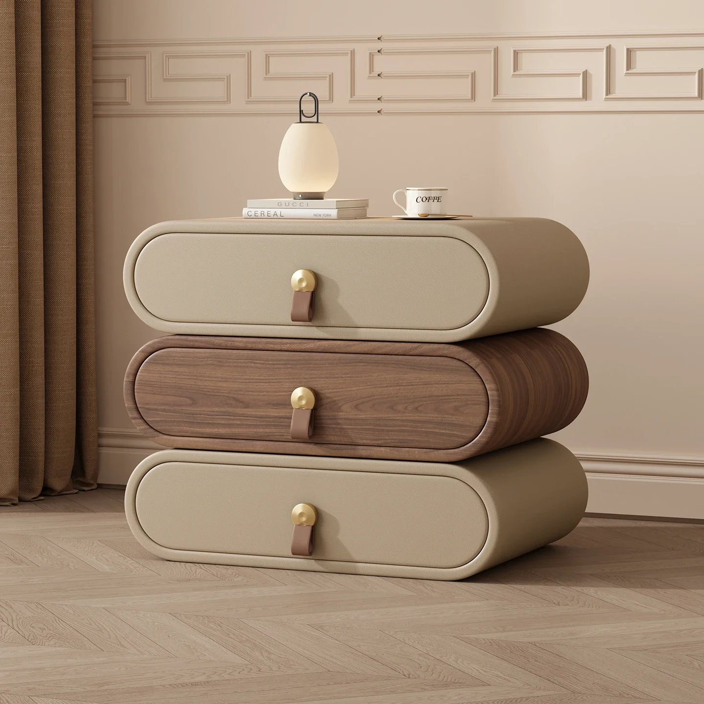 

yj7 Solid Wood Bedside Table Three-Layer Rotatable Italian Minimalist Vintage Cream Style Bedroom Storage Cabinet