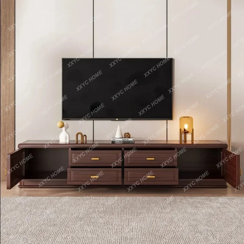 XXChinese Style Floor-standing TV Cabinet, Modern Chinese Style Black Gold Solid Wood Furniture, High-End Traditional Chinese