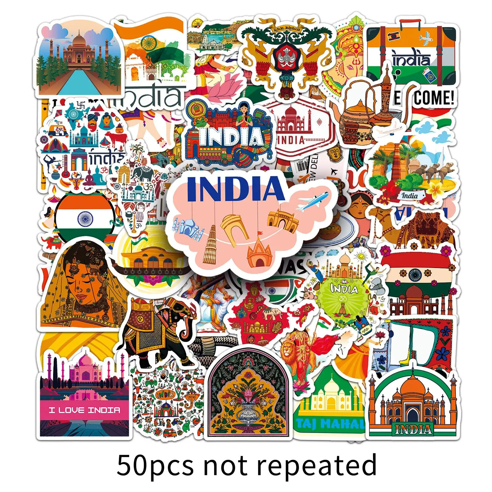 50PCS India Cartoon Stickers Tourism Scenery Graffiti Landmarks Decals Culture Decoration Laptop Guitar Car Bike Decoration