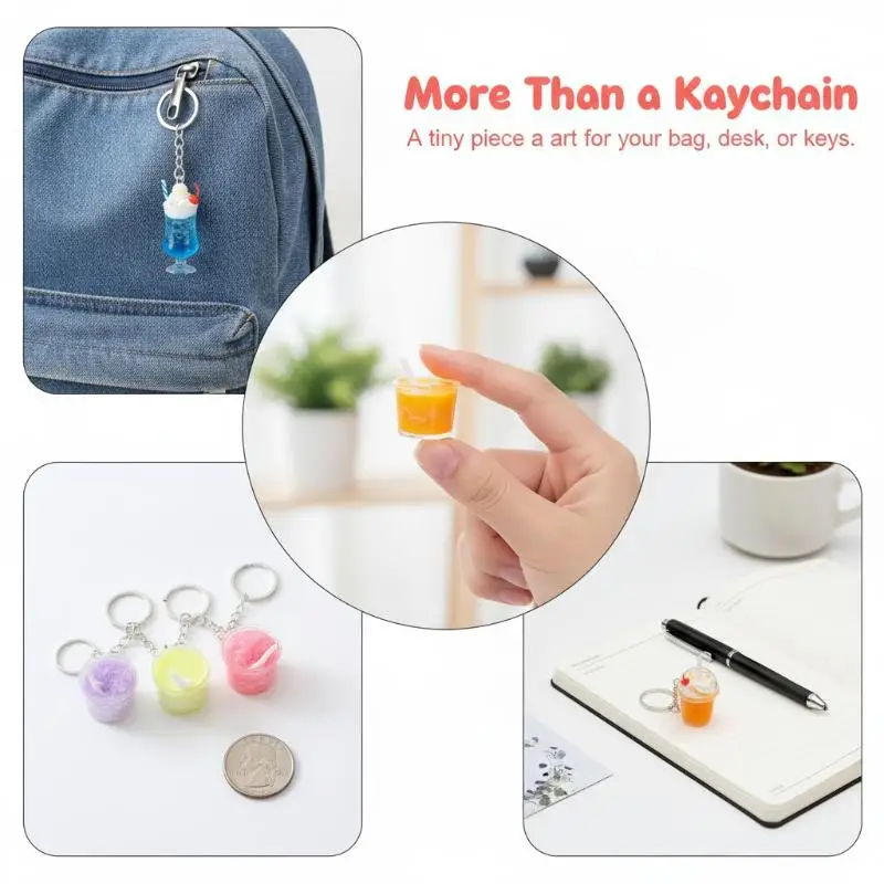 1 Stück Realistischer Mini-Eiscreme-Soda-Becher Schlüsselanhänger mit Kirschaufsatz in Leuchtenden Farben zur Taschendekoration und als kleines Geschenk – Detail 8
