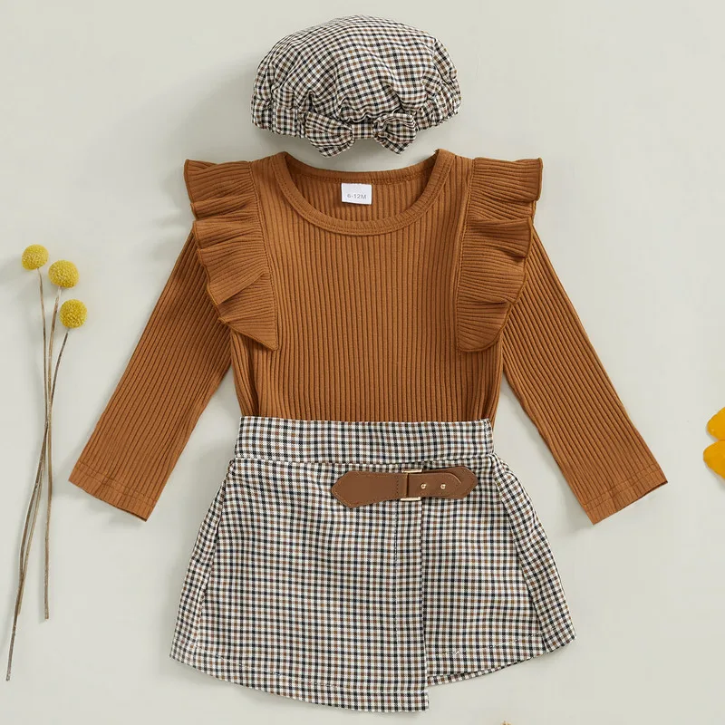 Ensemble jupe et chapeau en tricot pour bébé fille de 1 à 5 ans, vêtements de printemps et d'automne, couleur unie, à volants, manches longues, short en Y