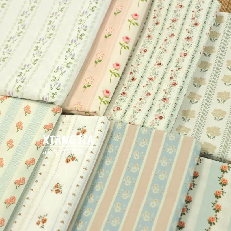 140x50cm Vintage-Stil 40er Jahre Baumwoll-Popeline Stoff mit Blumen- und Streifenmuster für Blusen, Kleider, Röcke und Kinderbekleidung, Nähmaterial – Detail 2