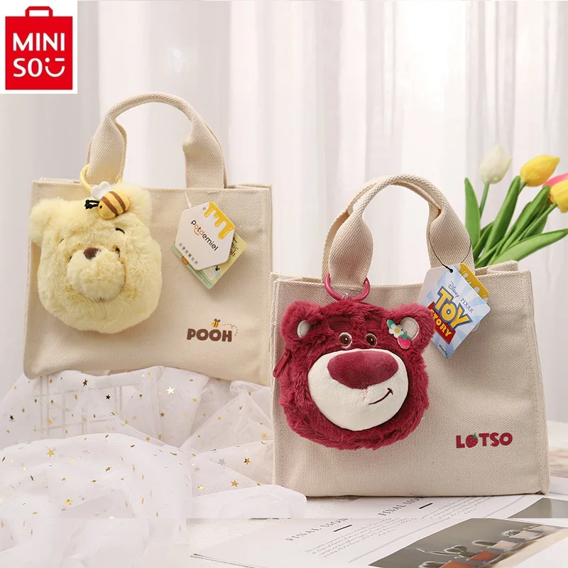 MINISO Disney Cartoon Strawberry Bear Winnie Bear Doll Pendant Student Fashion Canvas Versatile Large Capacity Crossbody Bag