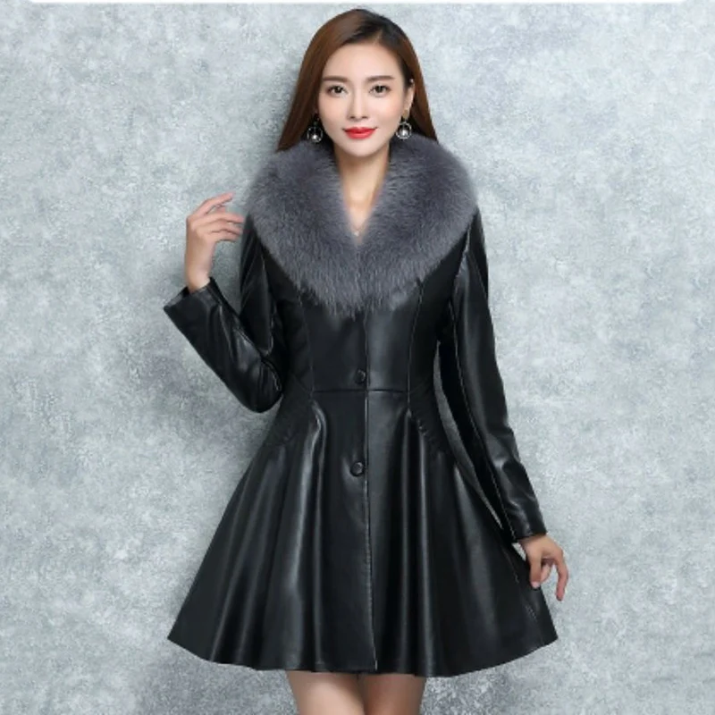 

Oversize 7XL Red Black Pu Leather Jacket Womens Winter High Quality Faux Fur Collar Removable Fashion Long Trench Coat