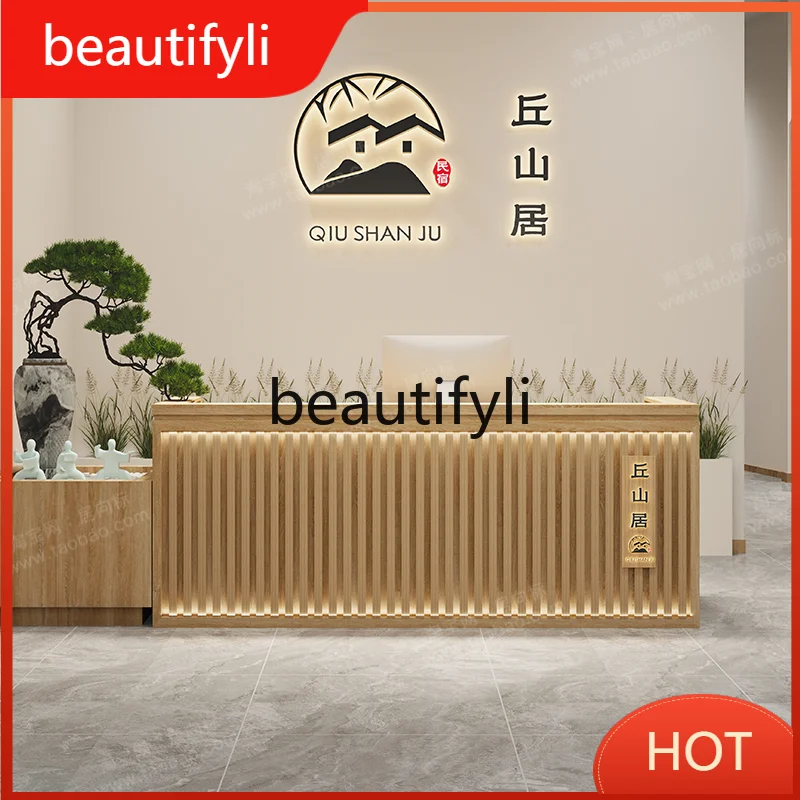 New Chinese style solid wood bar table checkout page Front desk reception Foot bath Health club Caier shop B & B Hotel D80