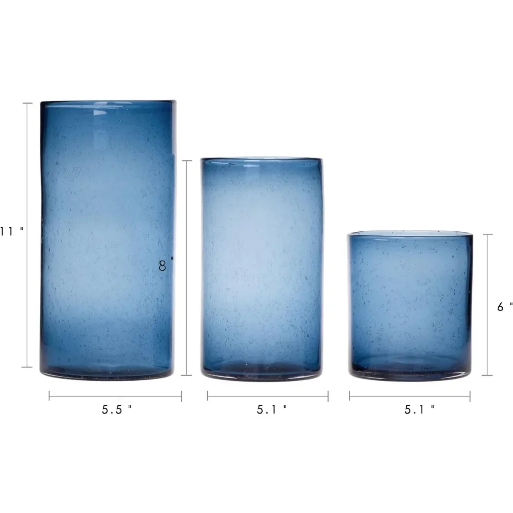 Glass Hurricane Candle Holder for Pillar Hand Blown Blue Cylindrical Vase With Table Decoration Center Vase With Seed Bubbles