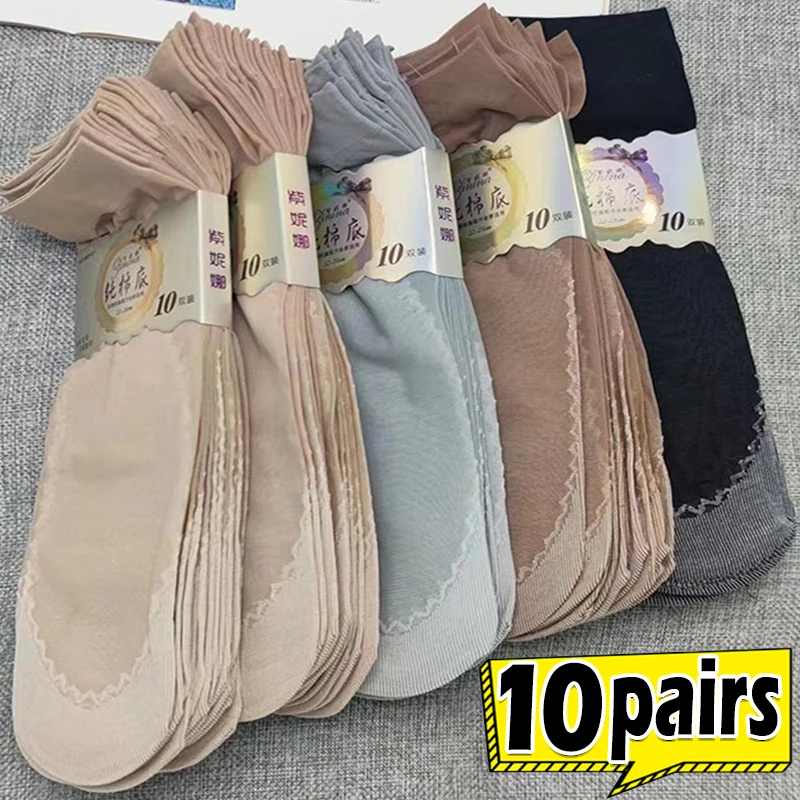 1/10 pares de seda veludo tornozelo curto sox meias de renda elástica feminino transparente ultrafino malha antiderrapante inferior splice meia