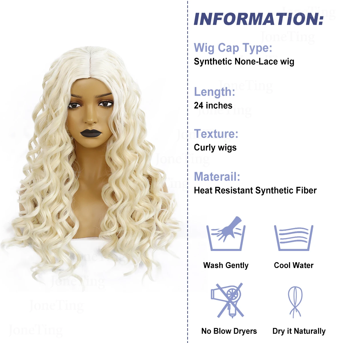 JONETING Synthetic Wigs 24IN White Kinky Curly Wavy Fiber Hair Princess Lolita Cosplay Costume Halloween Party Makeup Party Gift