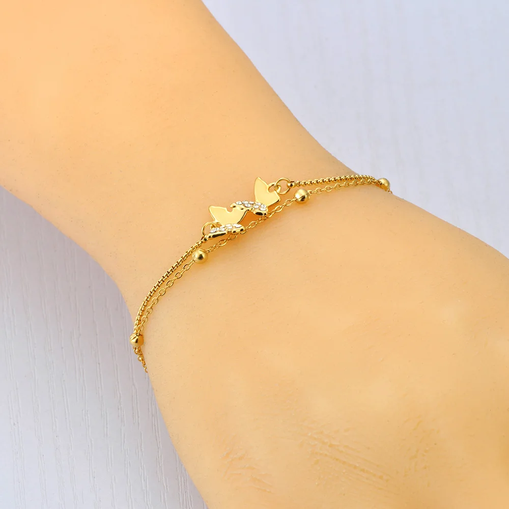 JeeMango زركونيا فراشة الحيوان سحر سوار للنساء مطلية بالذهب الفولاذ المقاوم للصدأ طبقة مزدوجة سلسلة مجوهرات جديد B25086 #6