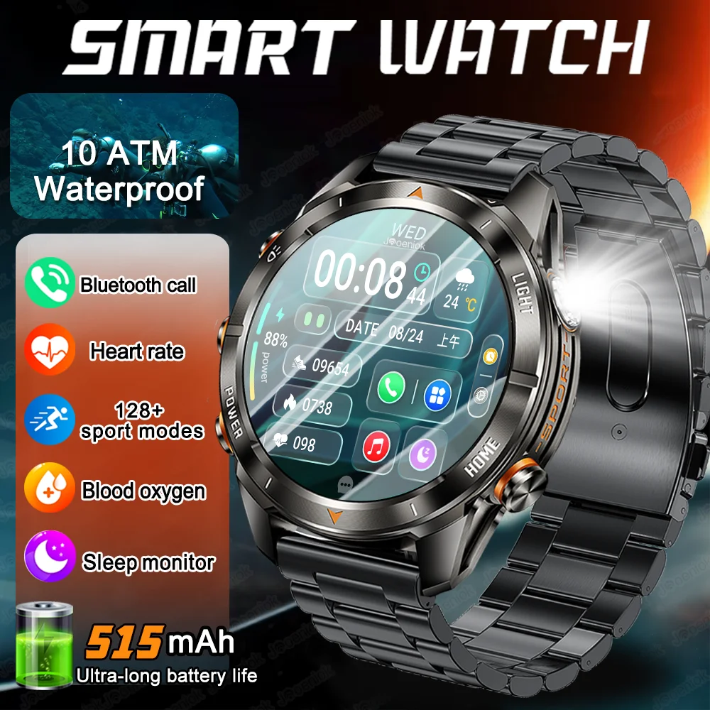 

2025 New Sport Smart Watch Men 1.46" AMOLED Screen LED 10ATM Waterproof Flashlight 515mAh Battery Heart rate BT Call Smartwatch