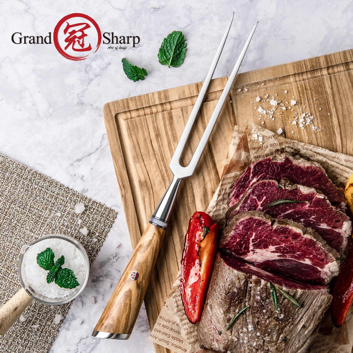 

Кованая вилка для резьбы Grandsharp из нержавеющей стали 430, профессиональная вилка для мяса, смола, оливковое дерево, ручка, инструмент для барбекю, кухонный незаменимый