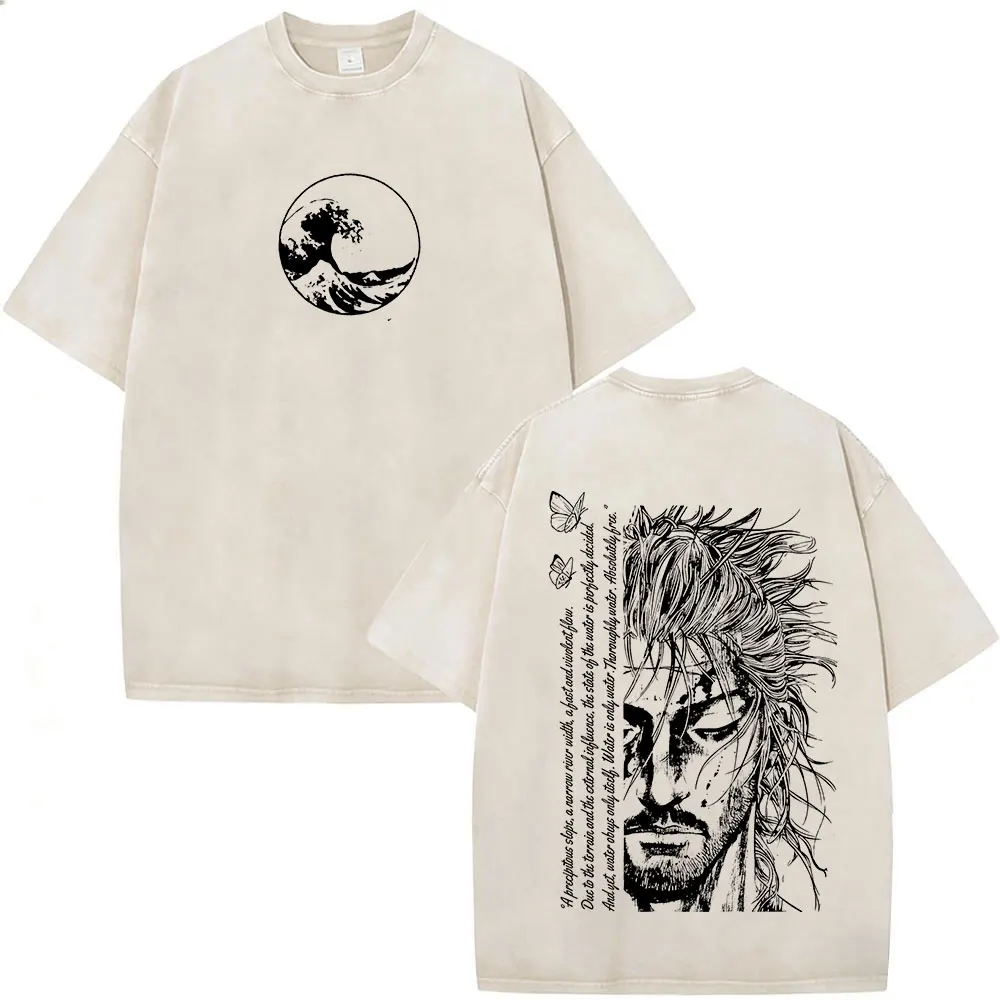 Japanese Anime Vagabond Miyamoto Musashi Vintage Washed T-shirts Men Women Clothing Fashion Casual Short Sleeve T Shirts Cosplay