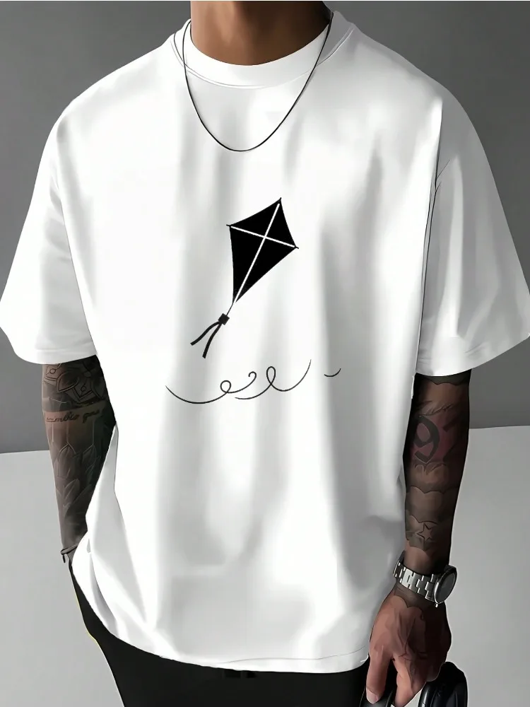 Men Oversized Cotton T Shirt Simple Hand Drawn Flying Kite Swirl Cord Print Short Sleeve Casual Daily Shirts For Teen Young Guys