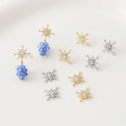 4PCS Snowflake Ear Studs Charms for Jewelry Making Snowflake Zircon Pendant DIY Brass Accessories 14K Gold Plated 14*15mm