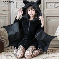 Women Cute Vampire Bat Cosplay Costumes Black Diablo Hooded Bat Sleeve Cloak Jumpsuit Set Halloween Christmas Party Outfits