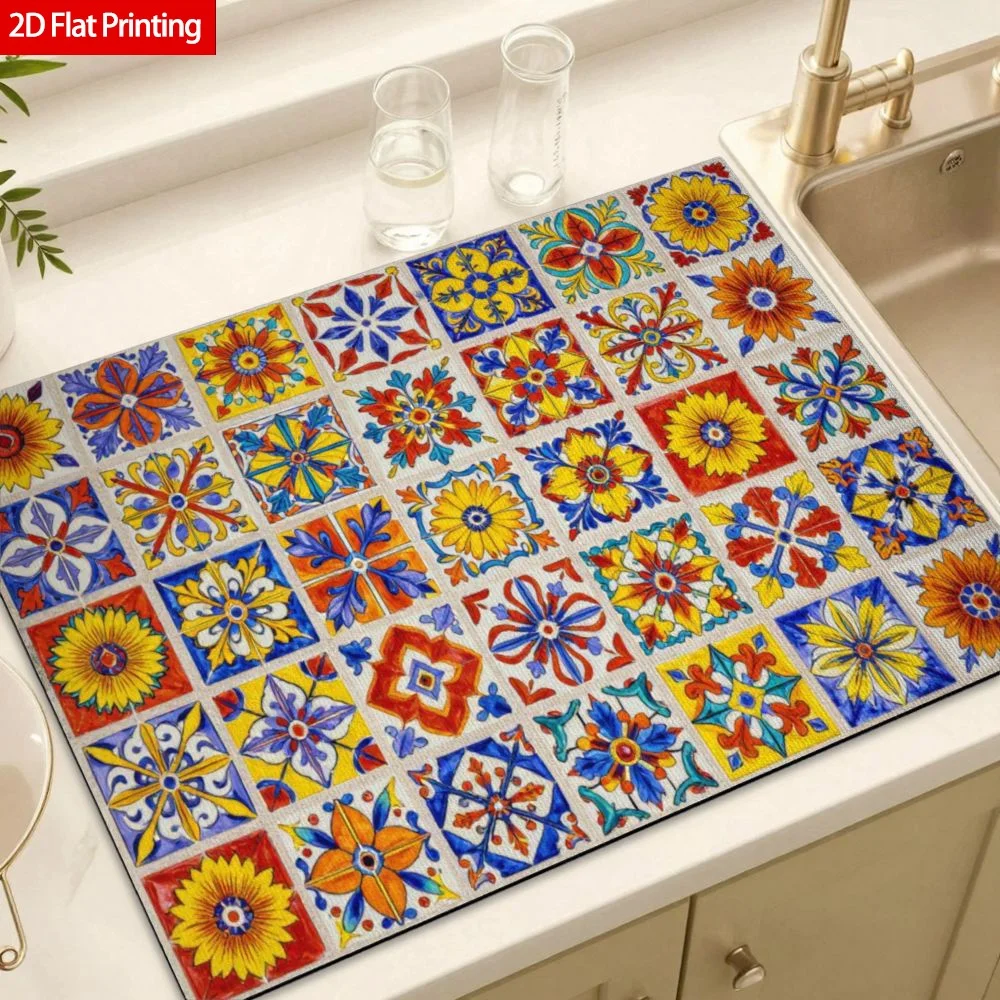Mediterranean Mosaic Tile Kitchen Table Pad Super Absorbent Coffee Maker Countertop Mat Fast Drying Heat Resistant Coaster