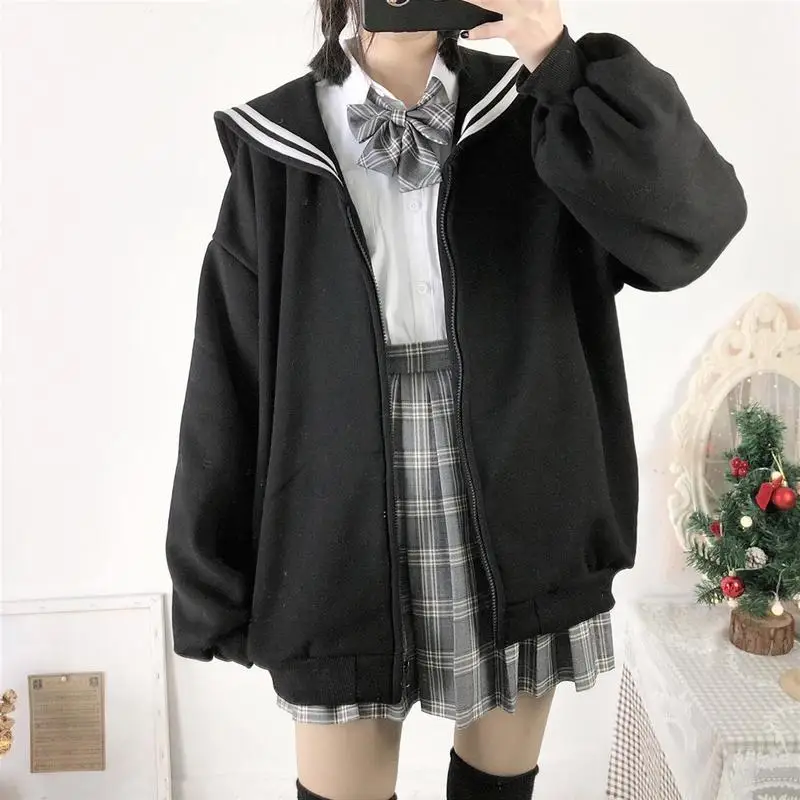 Kawaii Black Zip Up Hoodie Women Sailor Collar Sweatshirt Japanese Streetwear Soft Girl 2024 Oversized Sweatshirt Harajuku Goth