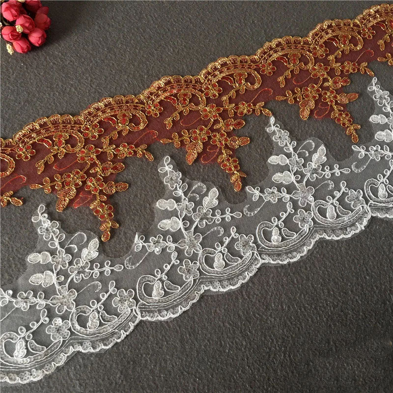 

9 ярдов цвета слоновой кости, красный кружевной цветок, аппликация, отделка края, материал ручной работы, сделай сам, свадебная одежда, аппликация, блестки, отделка