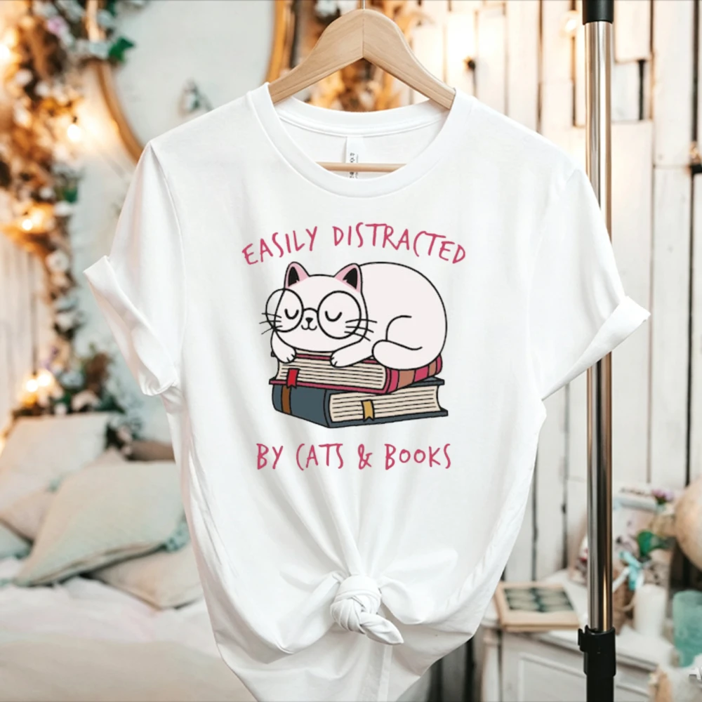 Women Easily Distracted By Cats and Books Cute Cat with Glasses Graphic T Shirt Cat Lover Book Lover Short Sleeve Cotton Tee Top
