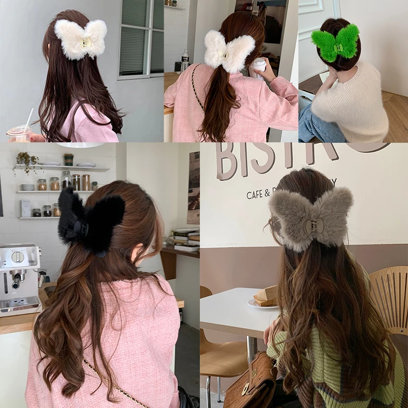 AWAYTR Super Large Plush Butterfly Hair Claw Clip Winter Soft Furry Shark Clip Ponytail Holder For Girl Women Hair Accessories